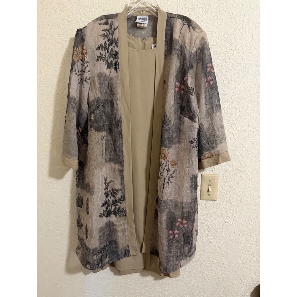 R&M Richards Woman‎ Tan Floral 2 Piece Dress & Duster Jacket Set Size 16W USA